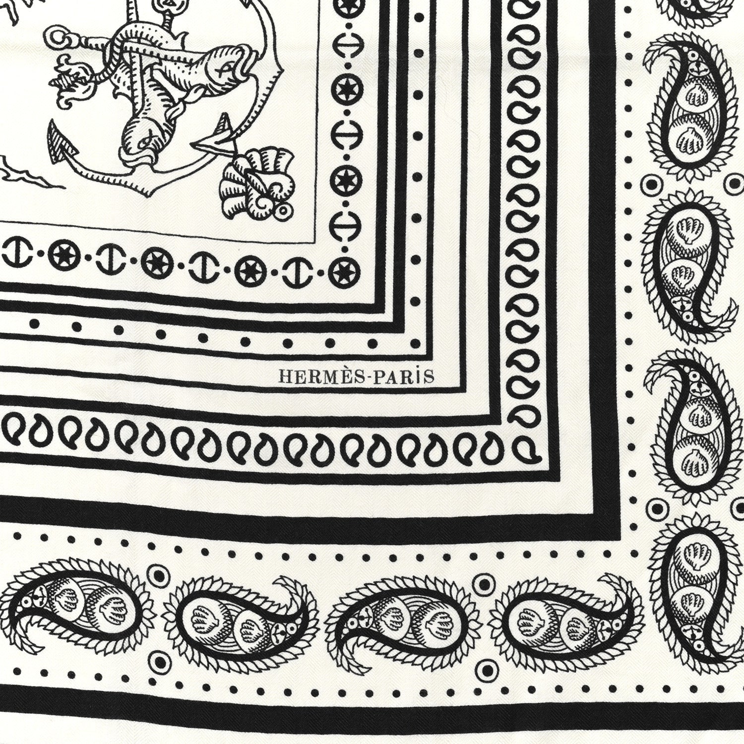 Hermes Cashmere Silk Tatouages Marins Bandana Shawl 140 White Black 2 of 5