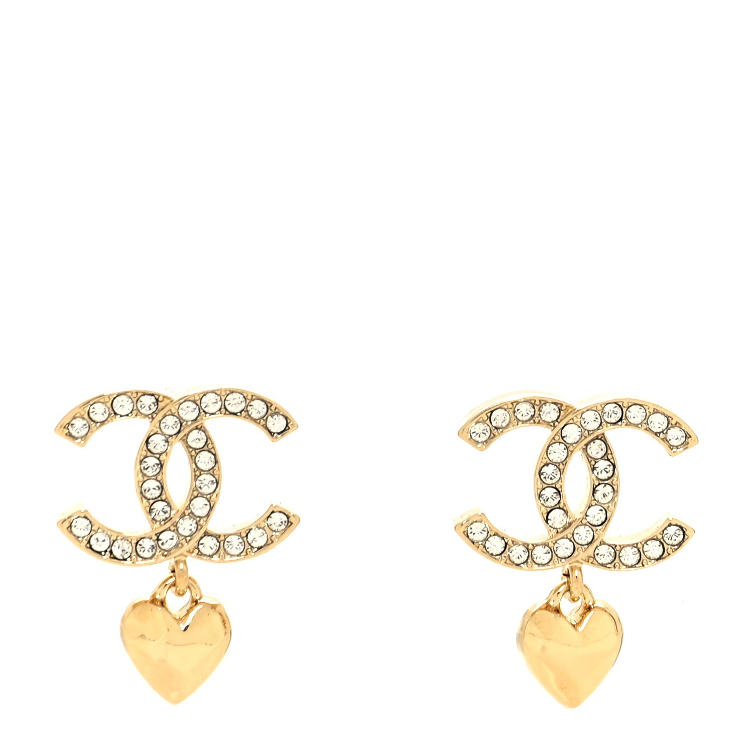 Chanel Metal Crystal CC Heart Drop Earrings Gold 1 of 4