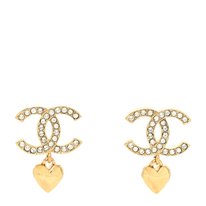 Chanel Metal Crystal CC Heart Drop Earrings Gold 1 of 4