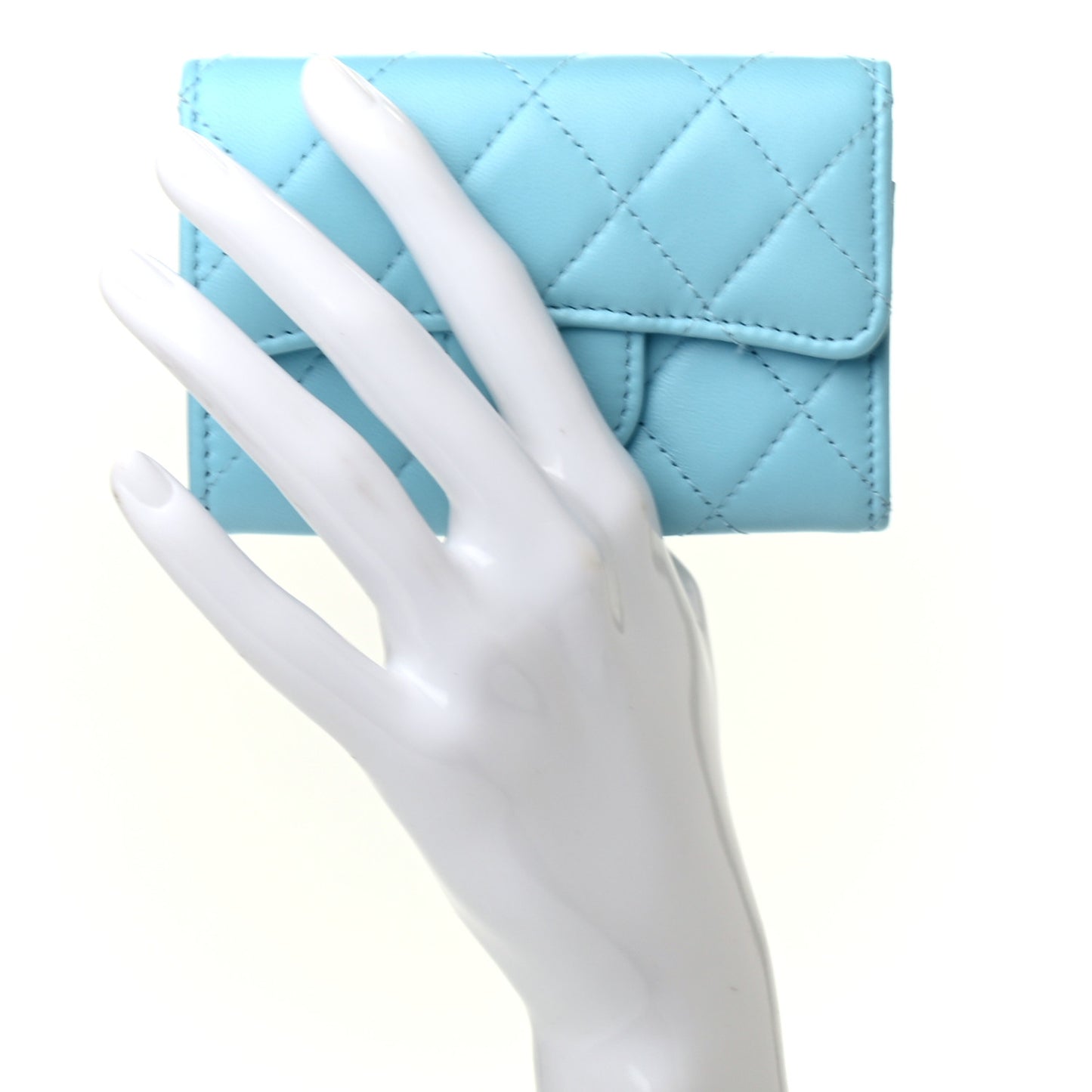Lambskin Quilted Flap Card Holder Wallet Light Blue
