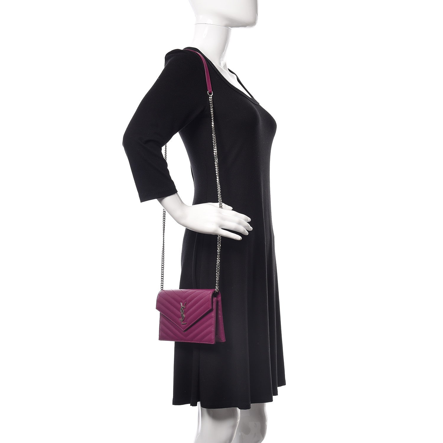 Saint Laurent Grain De Poudre Matelasse Chevron Monogram Envelope Chain Wallet Dark Grape 2 of 11