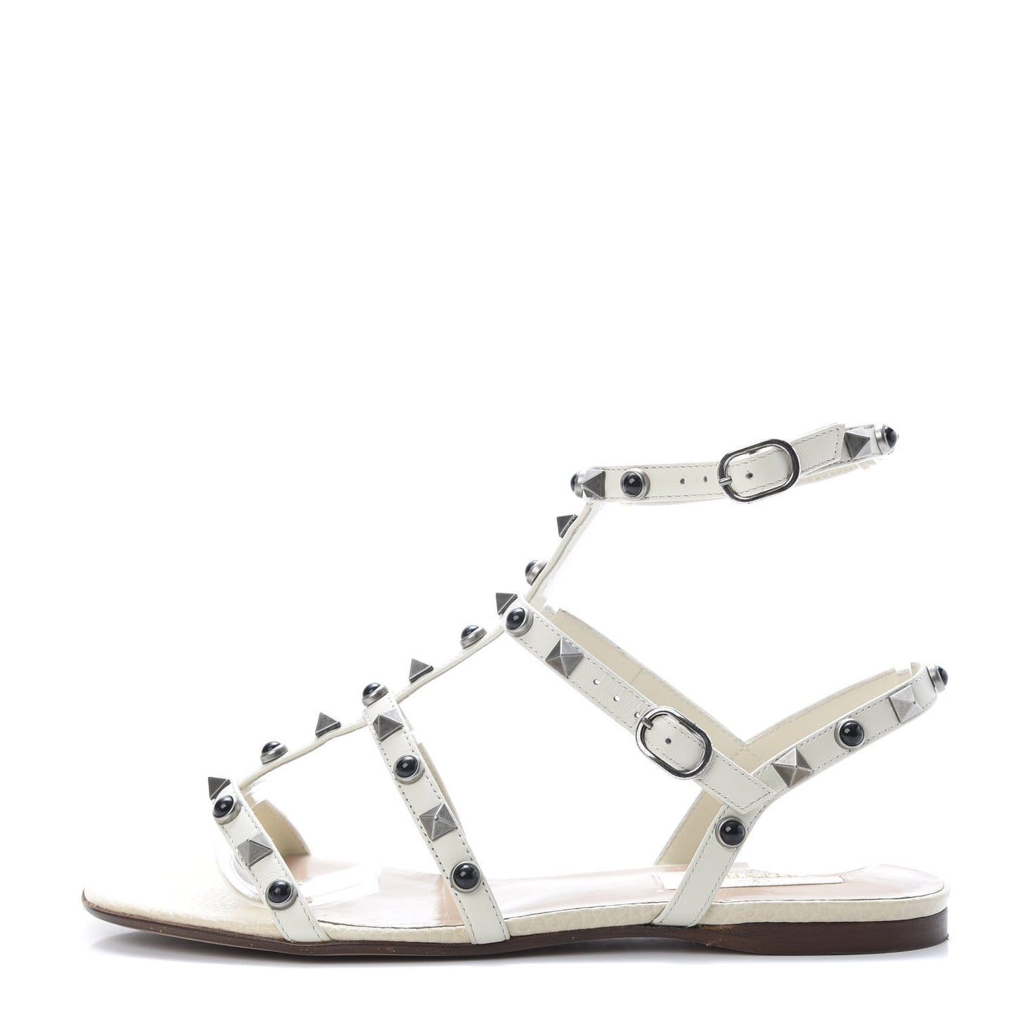 Calfskin Onyx Rockstud Rolling Gladiator Flat Sandals 36.5 Light Ivory