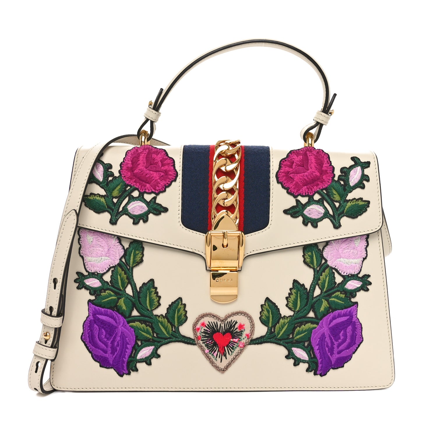 Calfskin Embroidered Medium Sylvie Top Handle Bag White