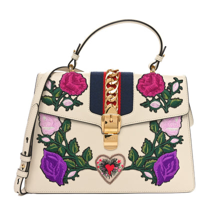 Gucci Calfskin Embroidered Medium Sylvie Top Handle Bag White 1 of 10