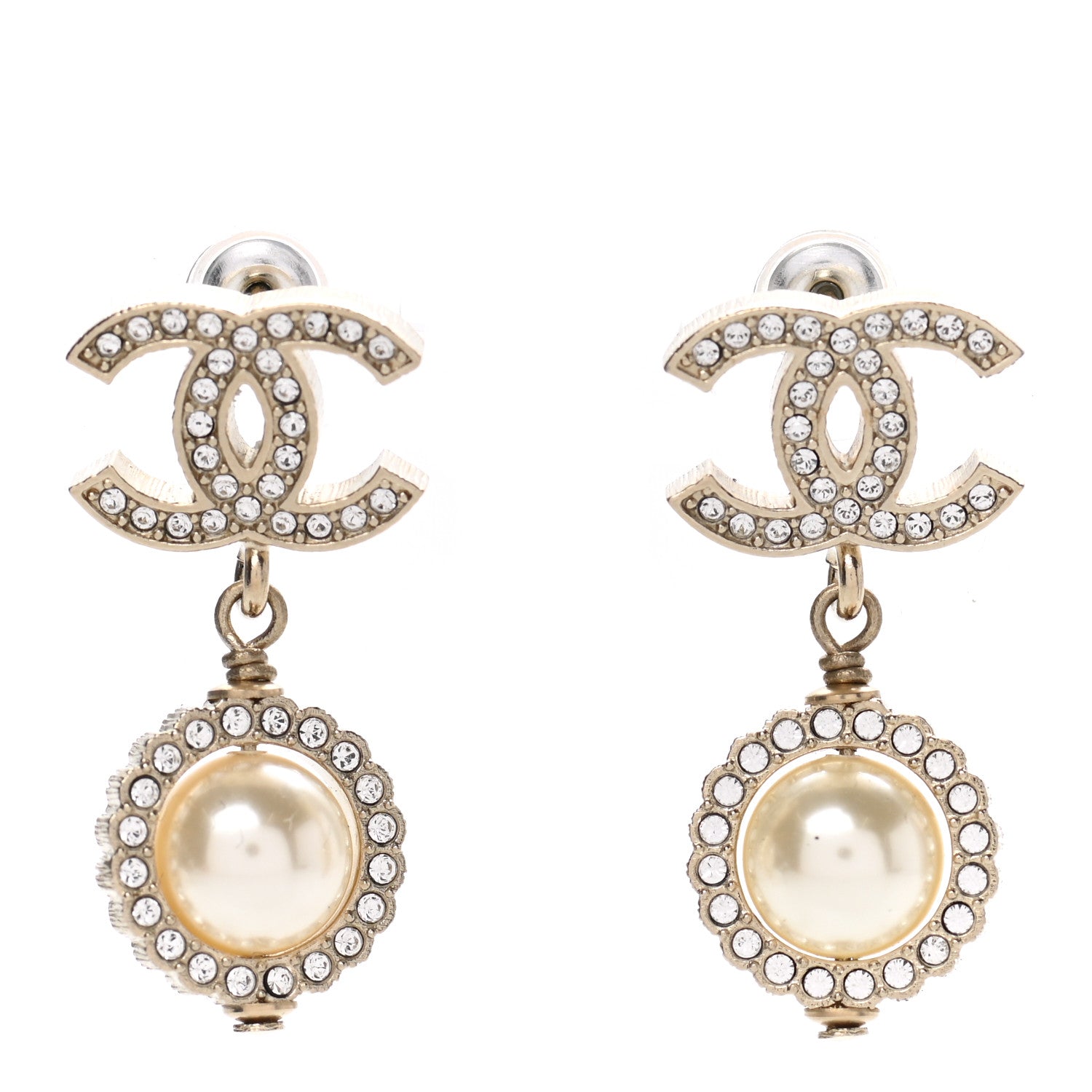 Chanel Crystal Pearl Pearls Coronation CC Drop Earrings Gold 1 of 5