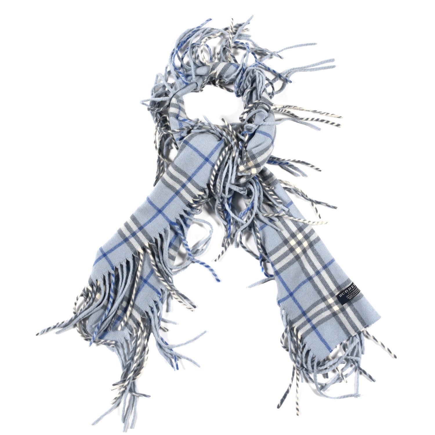 Burberry Cashmere Check Happy Fringe Scarf Light Blue 1 of 4