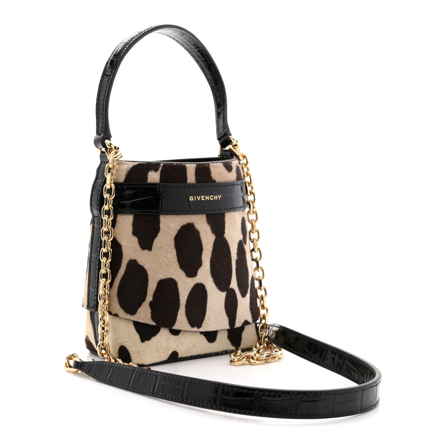 Pony Calfskin Micro Leopard Print Shark Lock Bucket Bag Black Beige