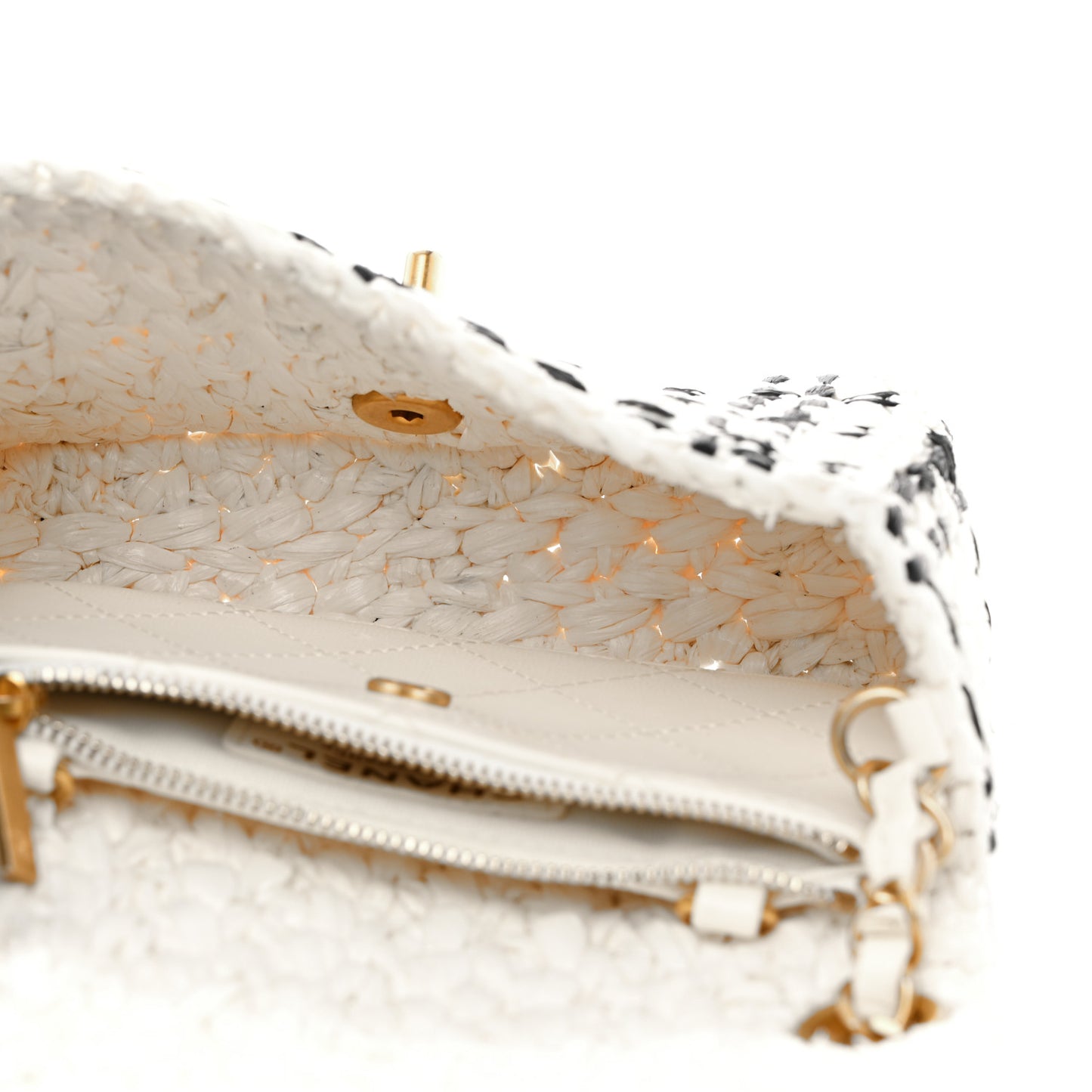 Raffia Effect Tweedy Mini Flap Bag White Black