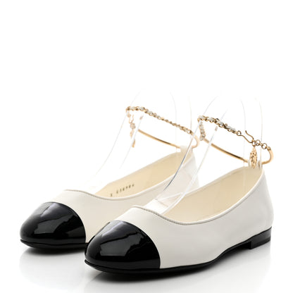Chanel Lambskin Patent Calfskin Cap Toe Ankle Chain Ballerina Flats 36 White Black 3 of 9