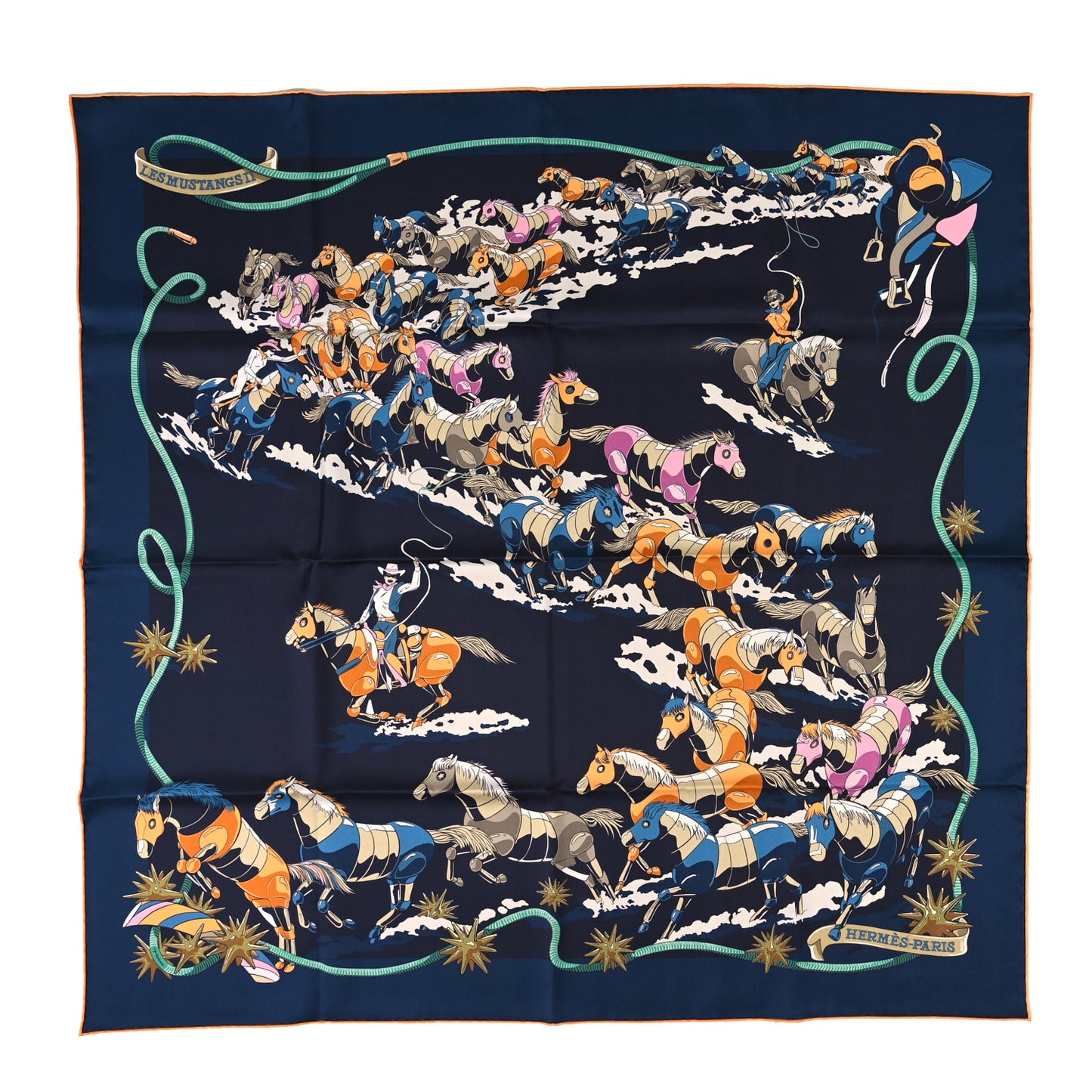 Silk Les Mustangs Double Face Scarf 90 Bleu Noir Mandarine