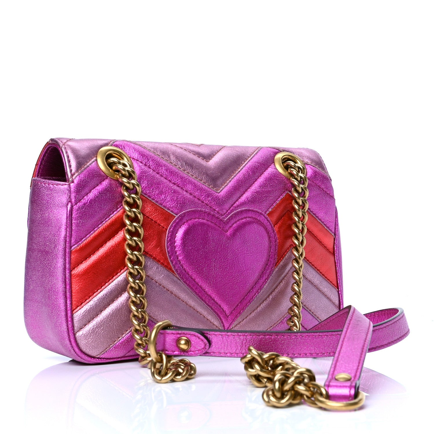 Gucci Metallic Calfskin Matelasse Mini GG Marmont Shoulder Bag Fuchsia 2 of 7