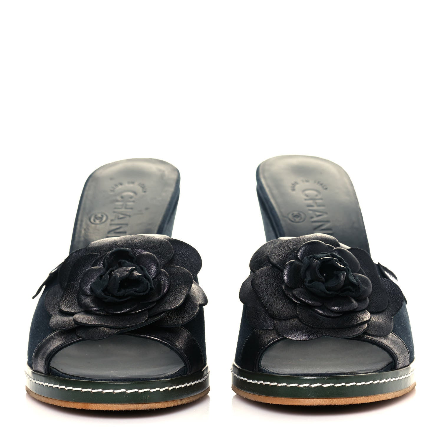 Chanel Canvas Camellia Wedge Sandals 38.5 Navy 2 of 10