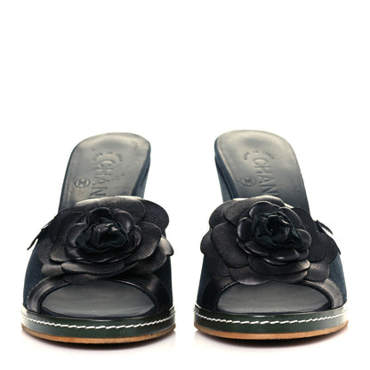 Chanel Canvas Camellia Wedge Sandals 38.5 Navy 2 of 10