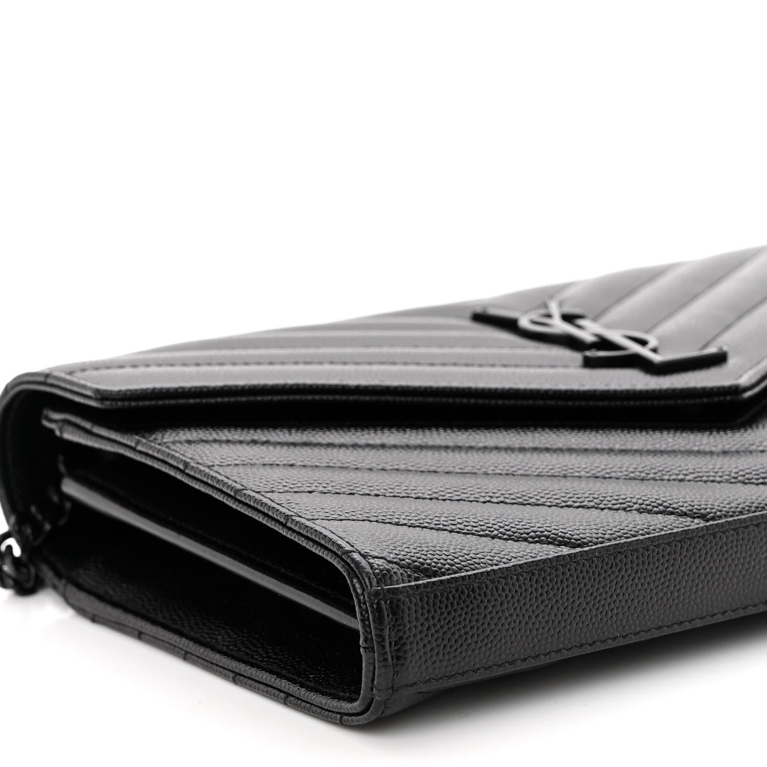Saint Laurent Grain De Poudre Matelasse Chevron Monogram Monochrome Chain Wallet Black 8 of 9