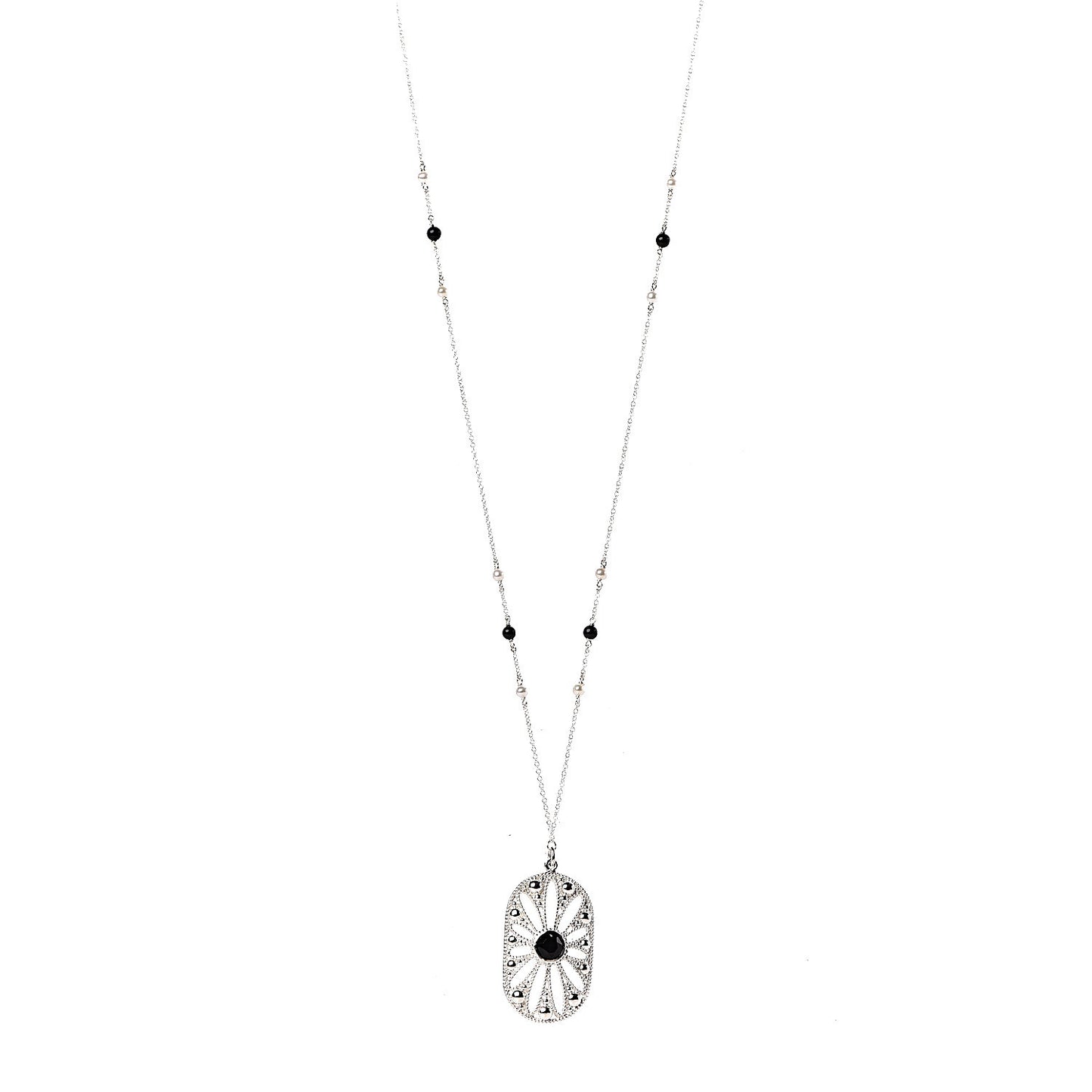 Sterling Silver Black Onyx Pearl Ziegfeld Daisy Pendant Necklace