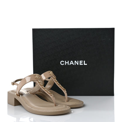 Chanel Lambskin Patent Chain CC Logo Thong Sandals 38 Beige 9 of 9