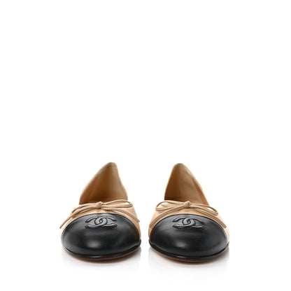 Chanel Lambskin Cap Toe CC Ballerina Flats 37 Beige Black 2 of 8