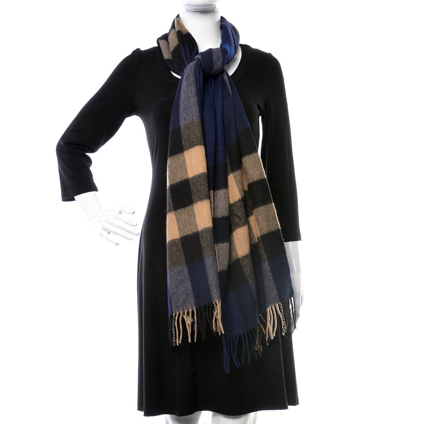 Cashmere Giant Check Fringe Scarf Blue