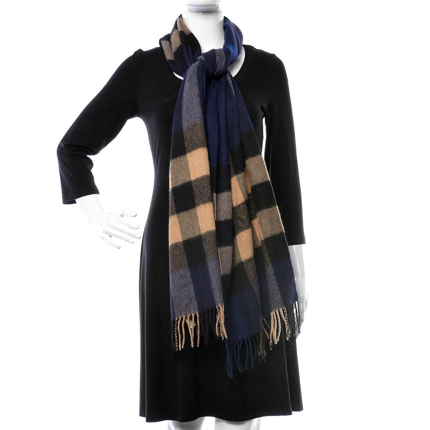 Burberry Cashmere Giant Check Fringe Scarf Blue 2 of 5