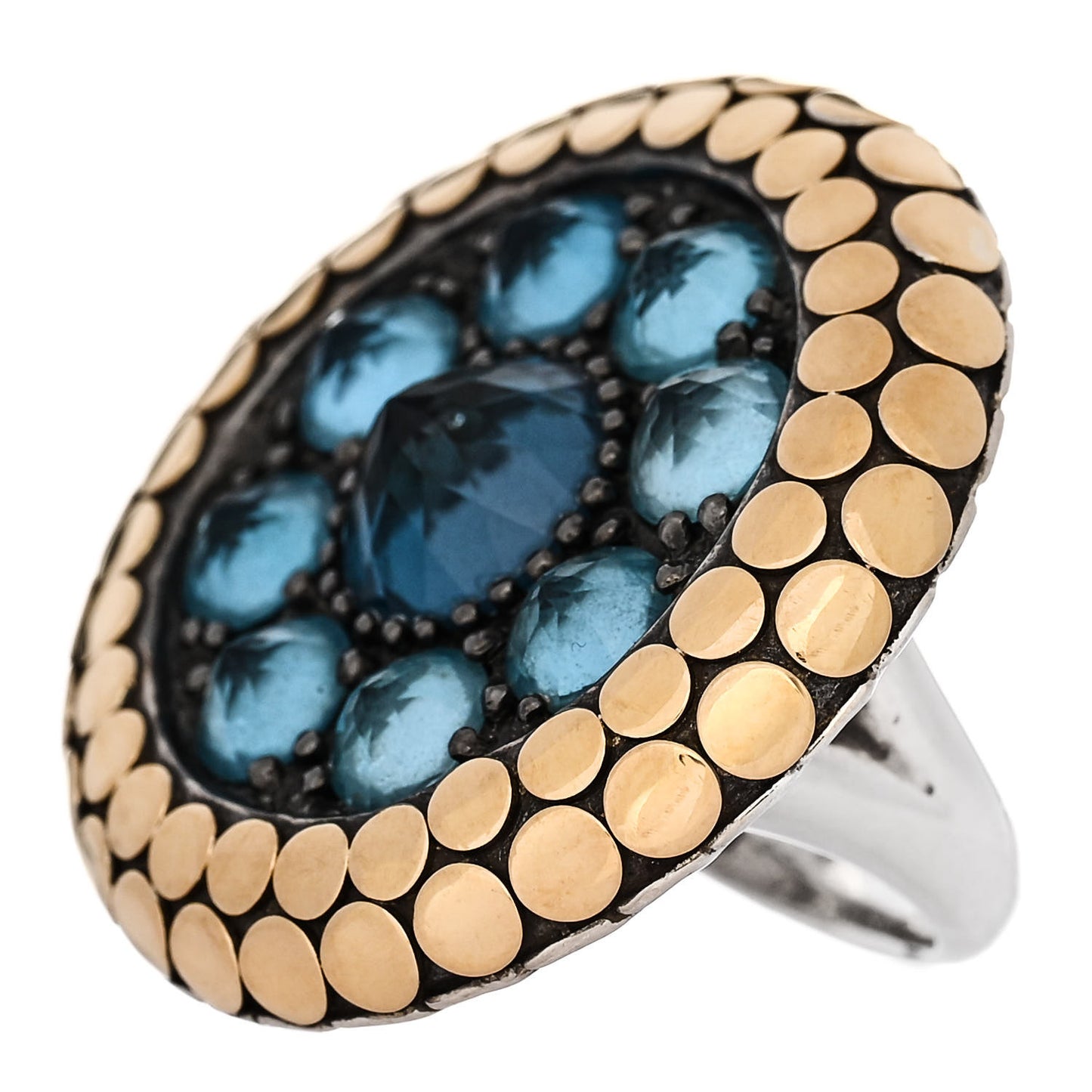 Sterling Silver 18K Yellow Gold Blue Topaz Dot Batu Ring 52 6