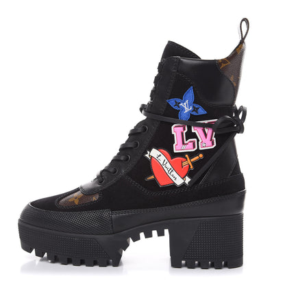 Louis Vuitton Suede Calfskin Monogram LV Black Heart Laureate Platform Desert Boots 36 Black 1 of 7