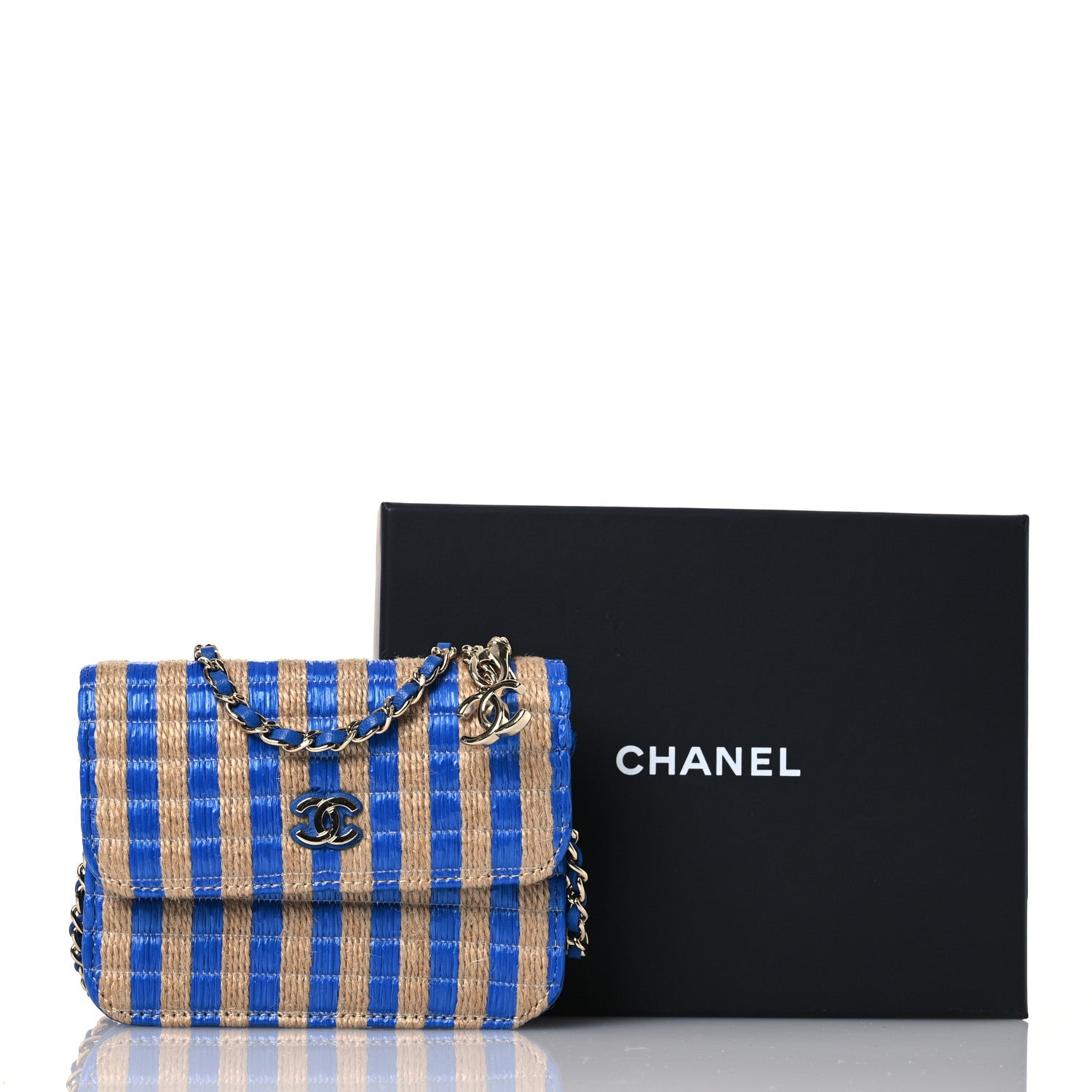 Chanel Raffia Jute Striped Belt Bag Blue Beige 14 of 14