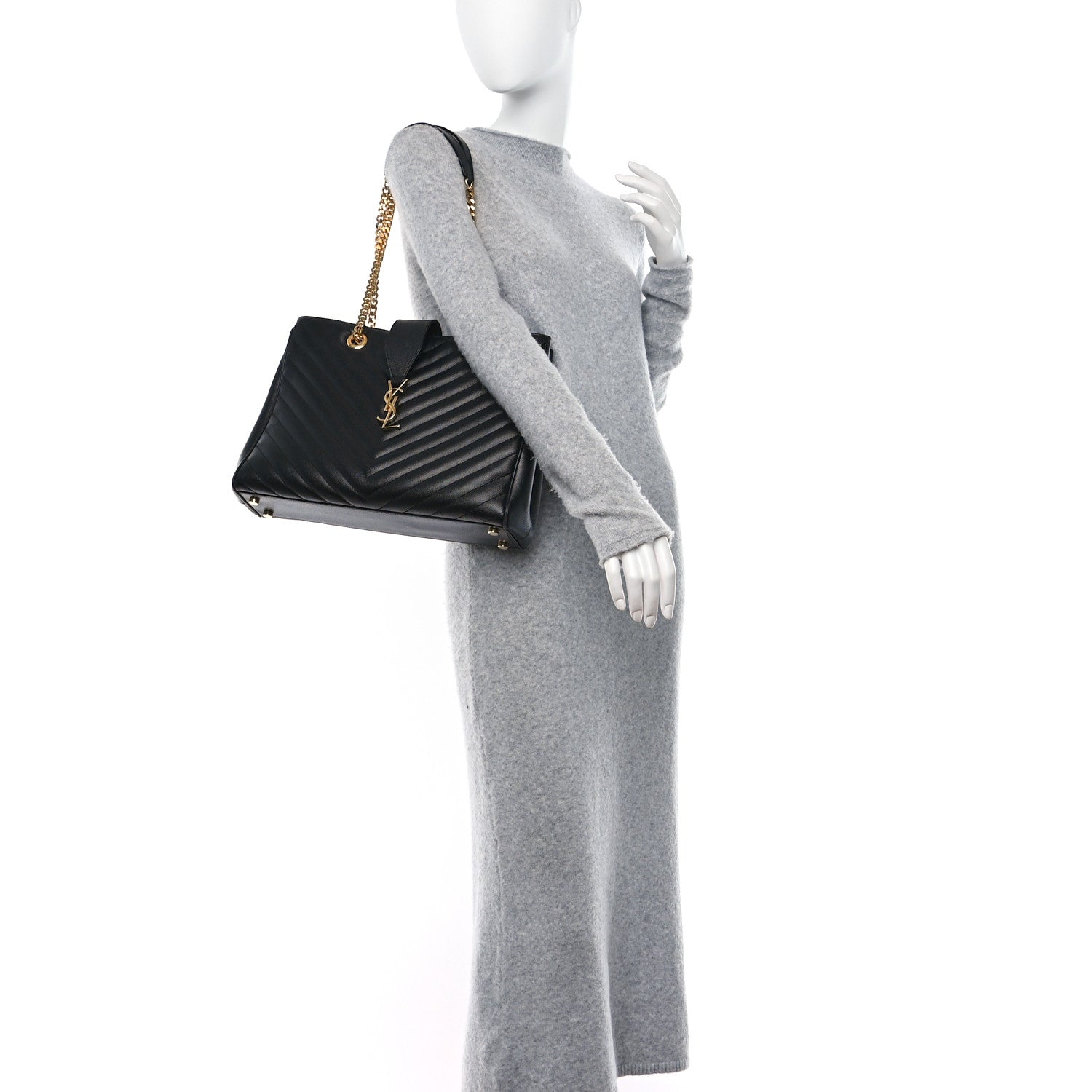 Saint Laurent Grain De Poudre Matelasse Chevron Monogram Shopping Bag Black 2 of 15