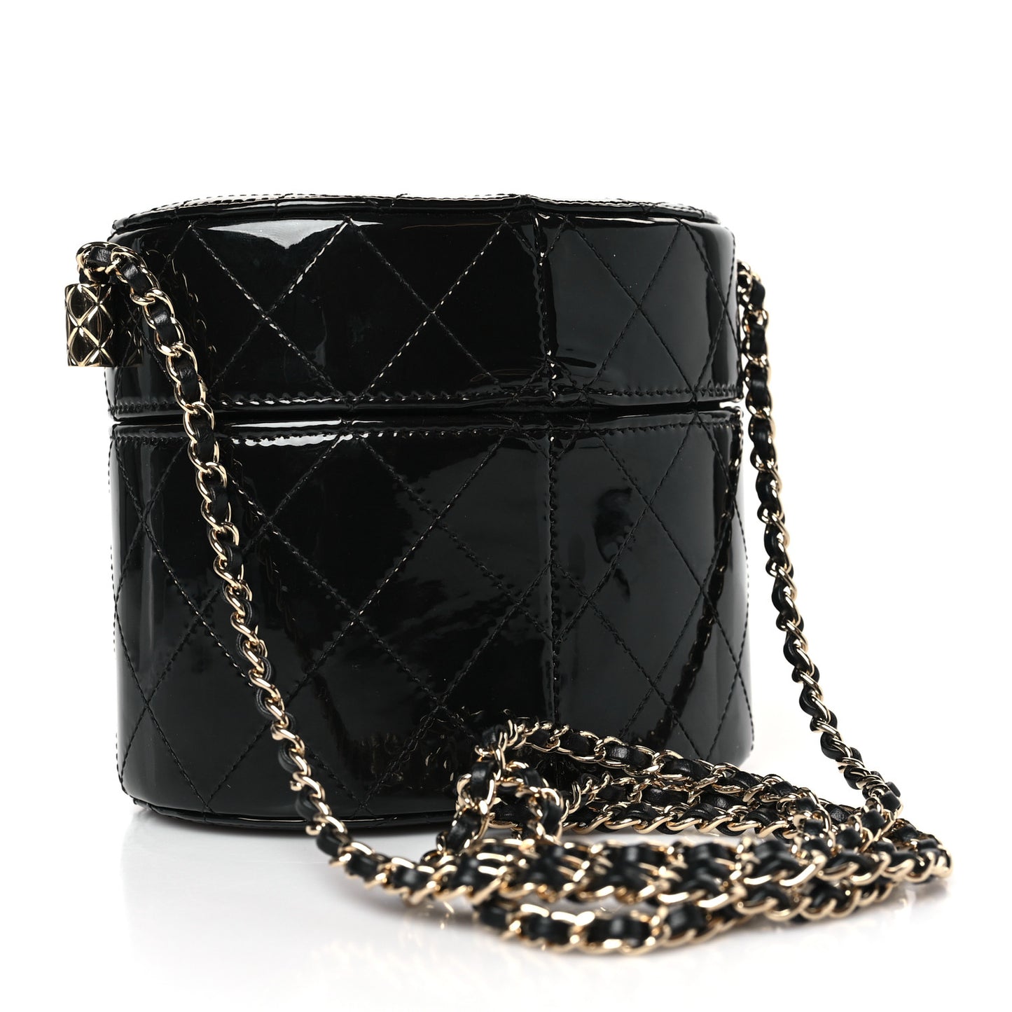 Patent Quilted Round Clutch With Chain Black