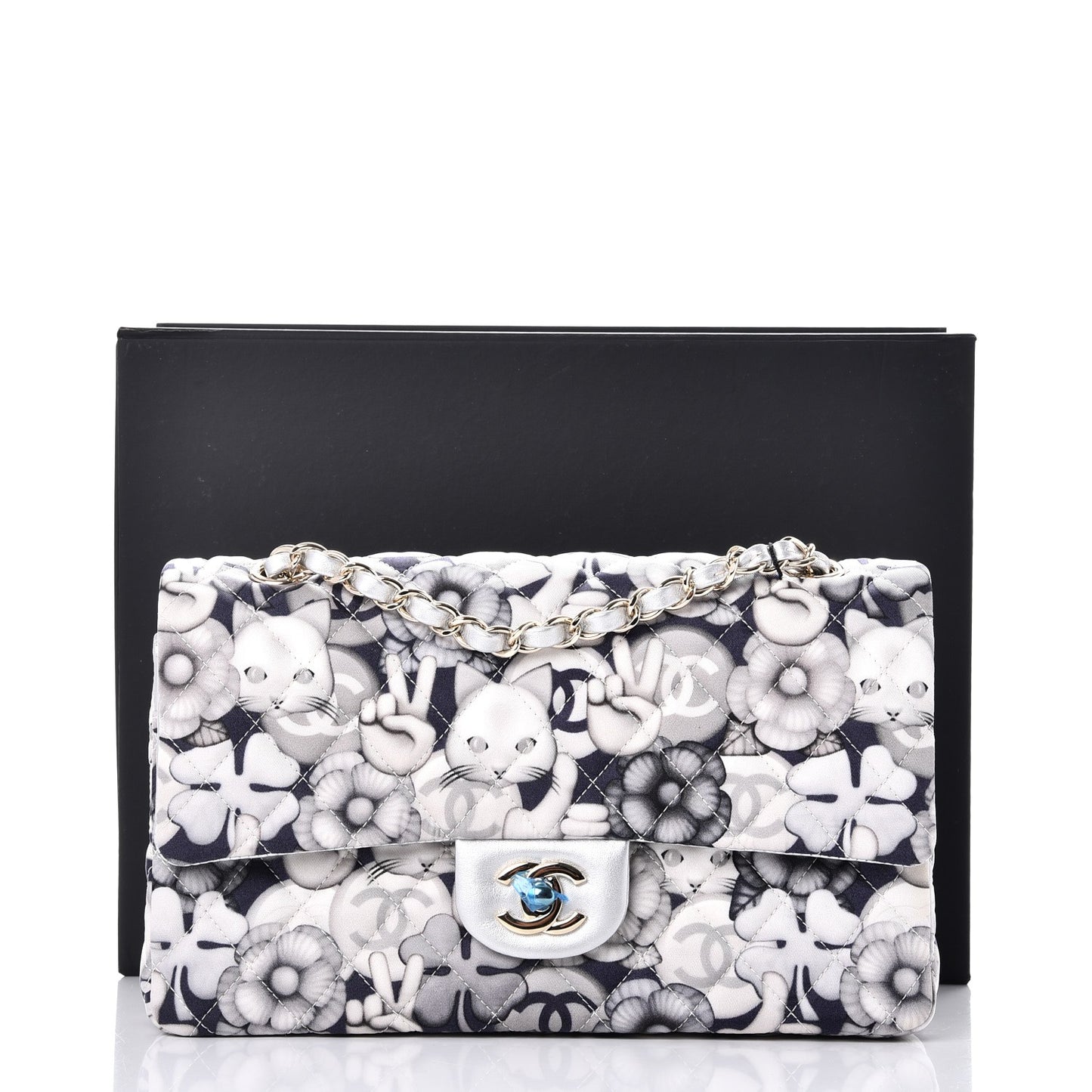 Nylon Quilted Medium Cat Emoticon Double Flap Navy Grey Ecru