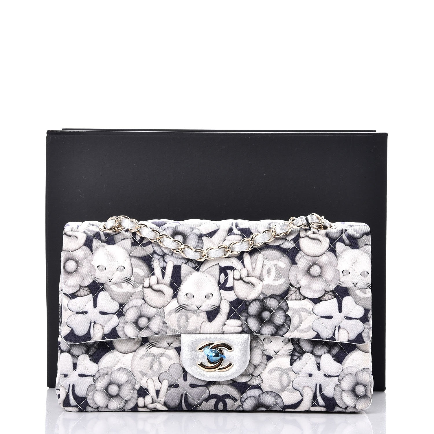 Chanel Nylon Quilted Medium Cat Emoticon Double Flap Navy Grey Ecru 9 of 9