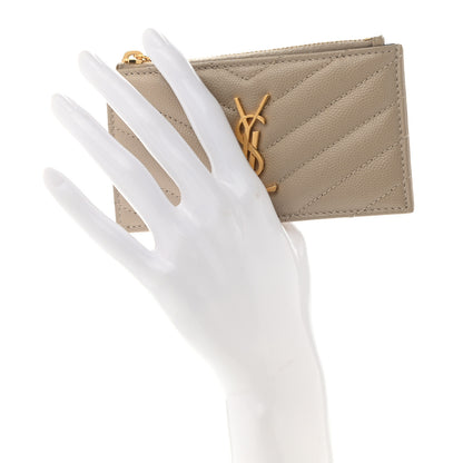 Saint Laurent Grain De Poudre Matelasse Chevron Monogram Fragments Zippered Card Case Sea Salt 2 of 8
