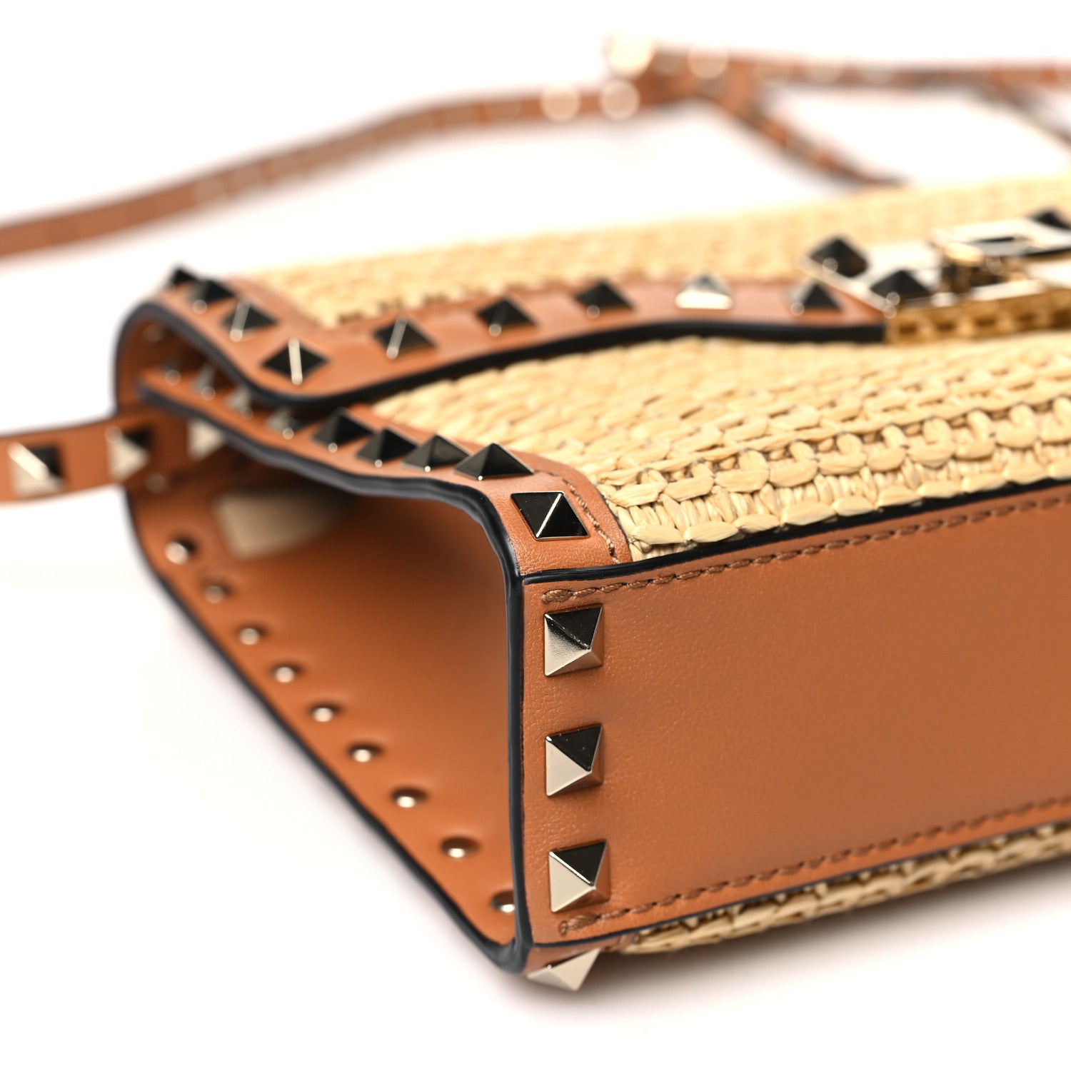 Valentino Garavani Raffia Calfskin Small Rockstud Flip Lock Crossbody Bag Natural Saddle Brown 8 of 9