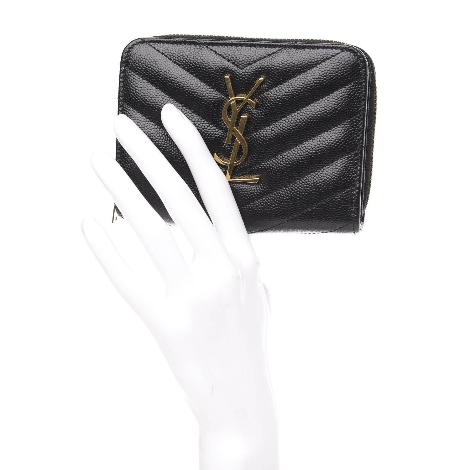 Saint Laurent Grain De Poudre Matelasse Chevron Monogram Compact Zip Around Wallet Black 2 of 8