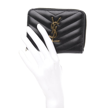 Saint Laurent Grain De Poudre Matelasse Chevron Monogram Compact Zip Around Wallet Black 2 of 8