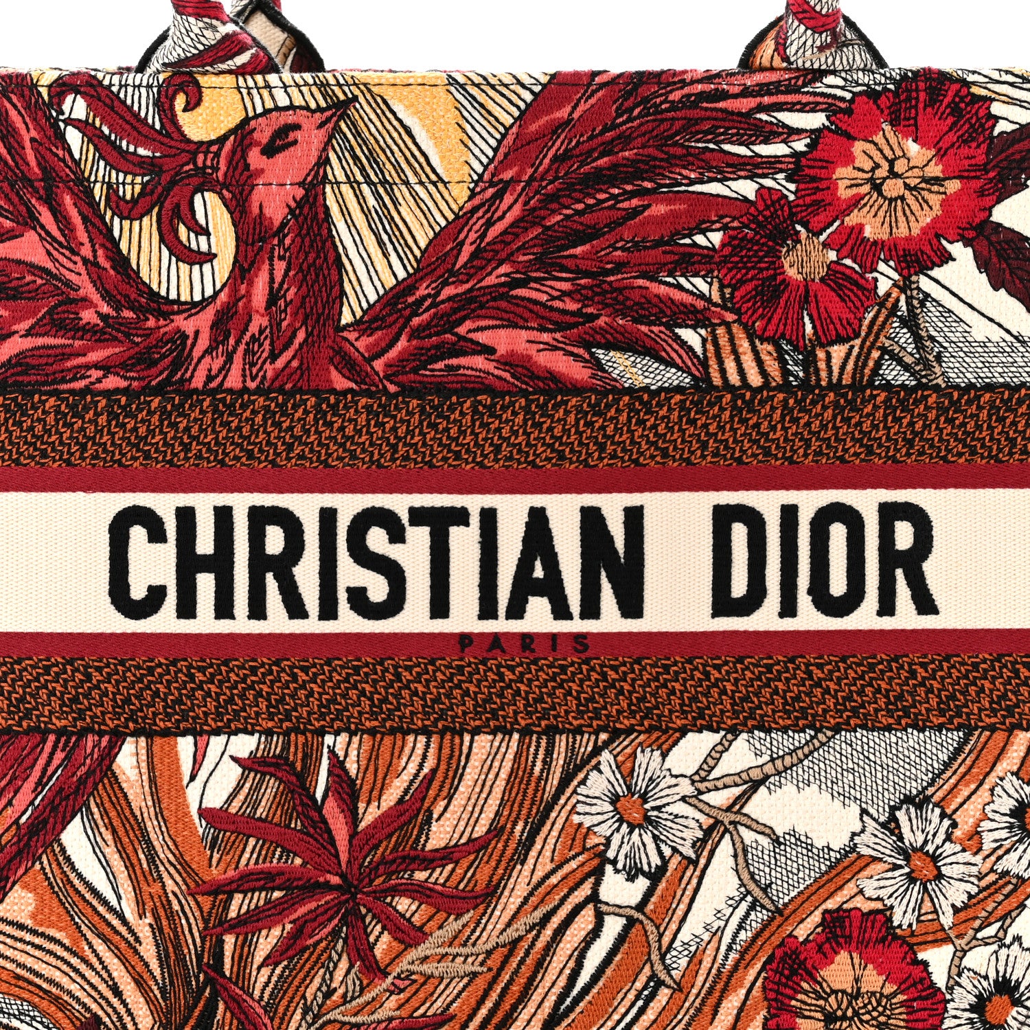 Christian Dior Canvas Embroidered Phoenix Medium Book Tote Red Multicolor 8 of 10