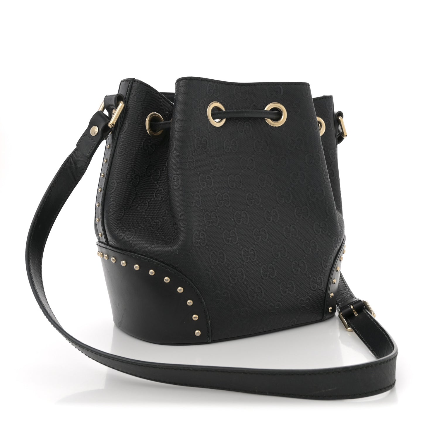 HIlary Lux GG Monogram Embossed Studded Small Bucket Bag Black