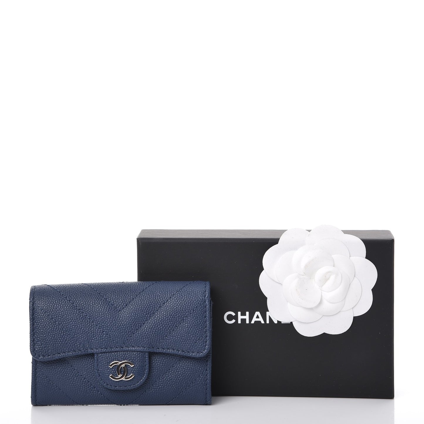 Caviar Chevron Quilted Card Holder Wallet Dark Blue