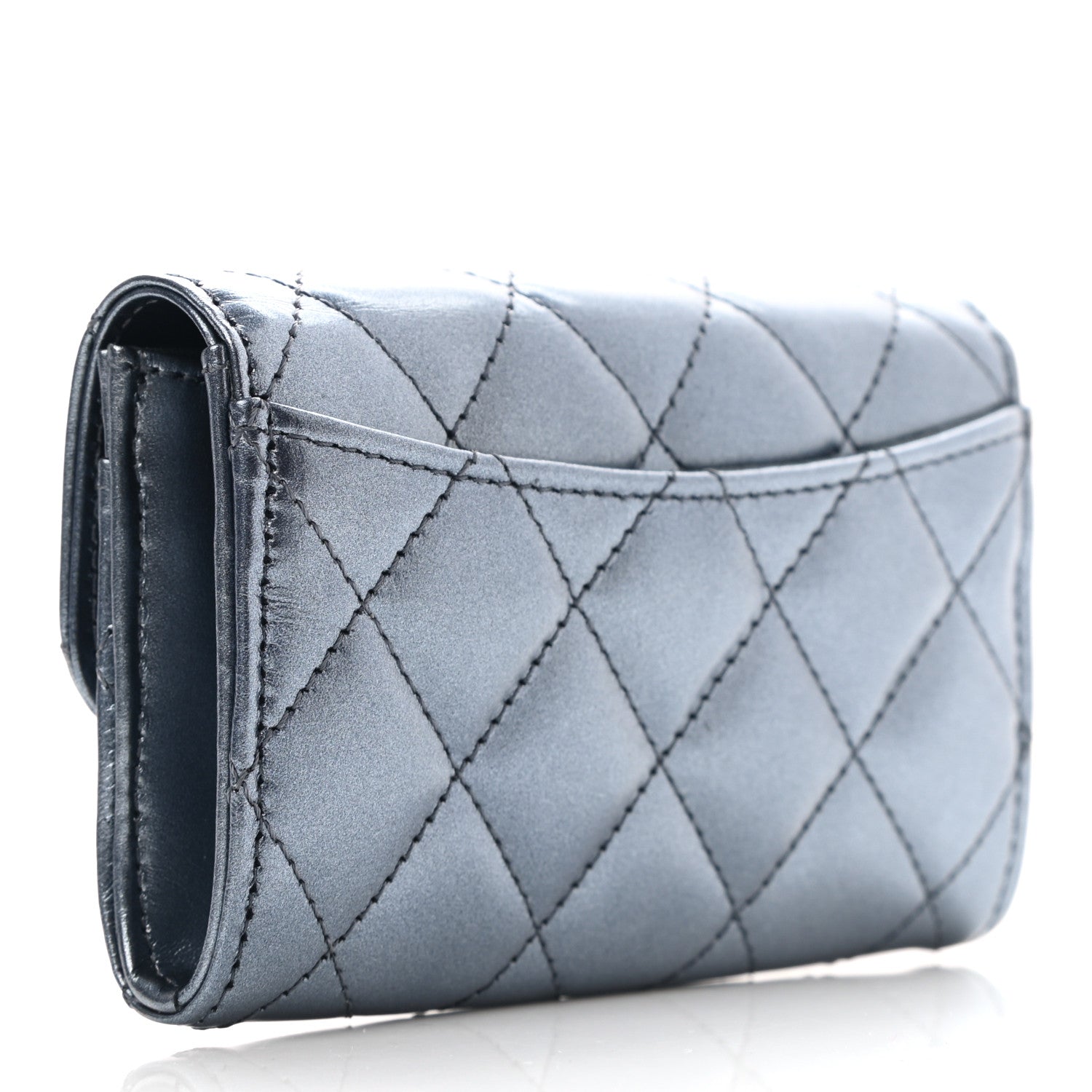 Chanel Metallic Lambskin Quilted Flap Card Holder Wallet Dark Blue 3 of 9