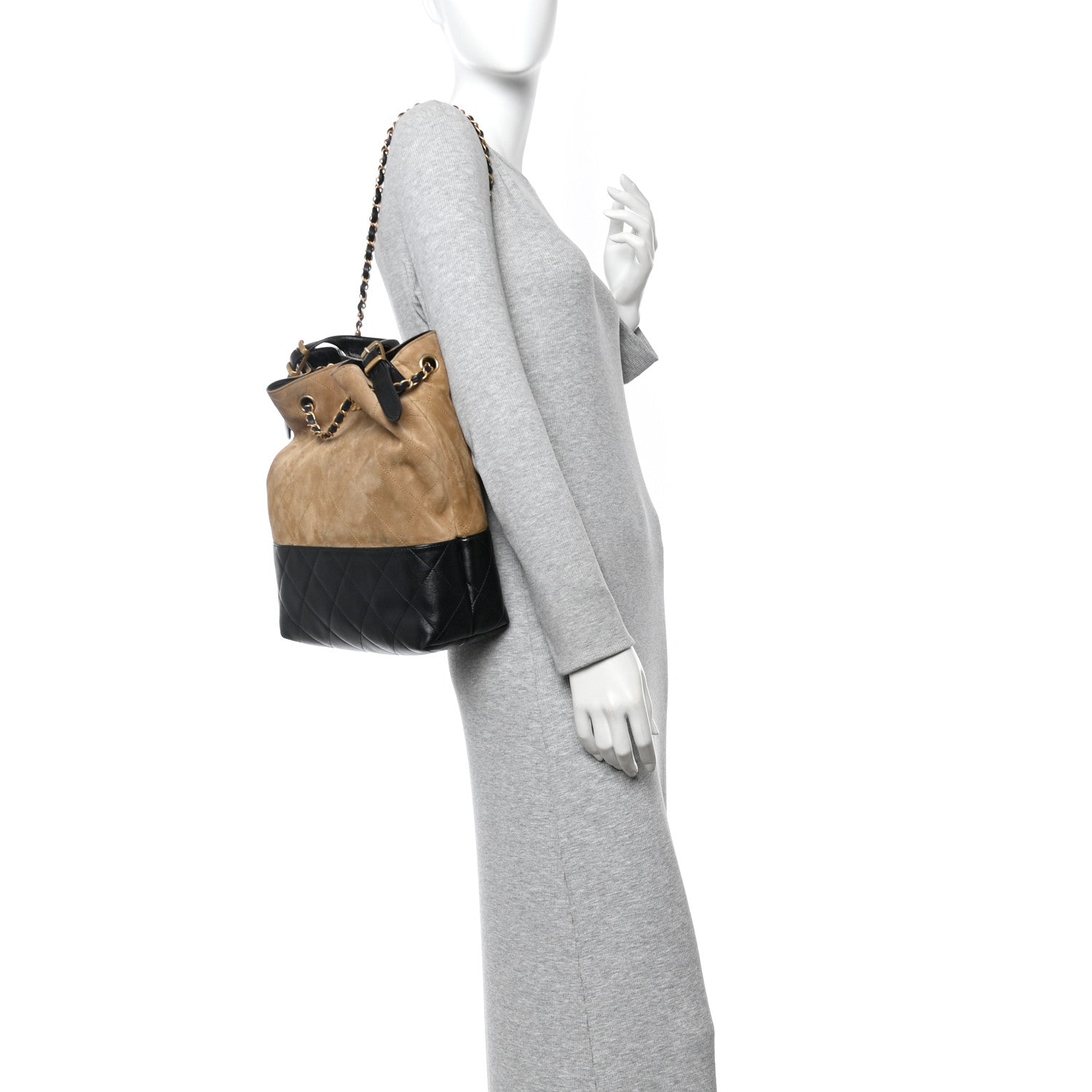 Chanel Suede Calfskin Shiny Lambskin Quilted Coco Base Shopping Bag Beige Black 2 of 14