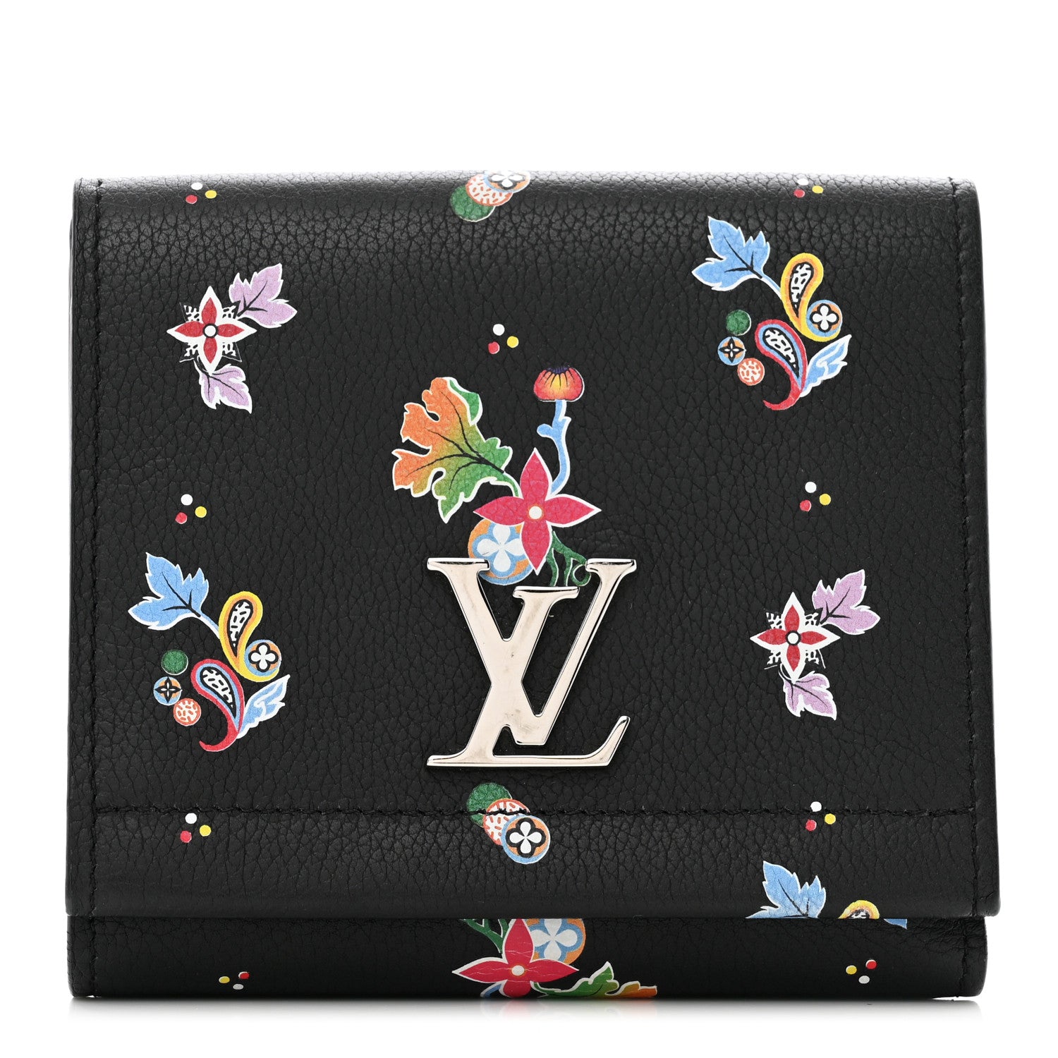Louis Vuitton Calfskin LockMe II Floral Compact Wallet Black 1 of 8