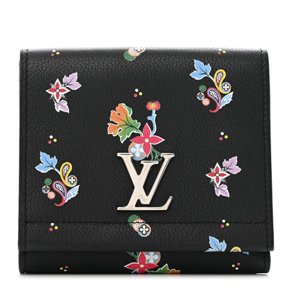 Louis Vuitton Calfskin LockMe II Floral Compact Wallet Black 1 of 8
