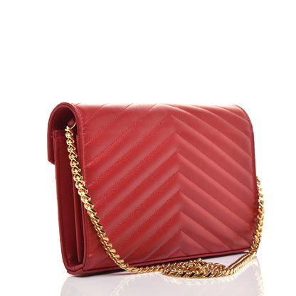 Saint Laurent Grain De Poudre Matelasse Chevron Monogram Chain Wallet New Red 3 of 12