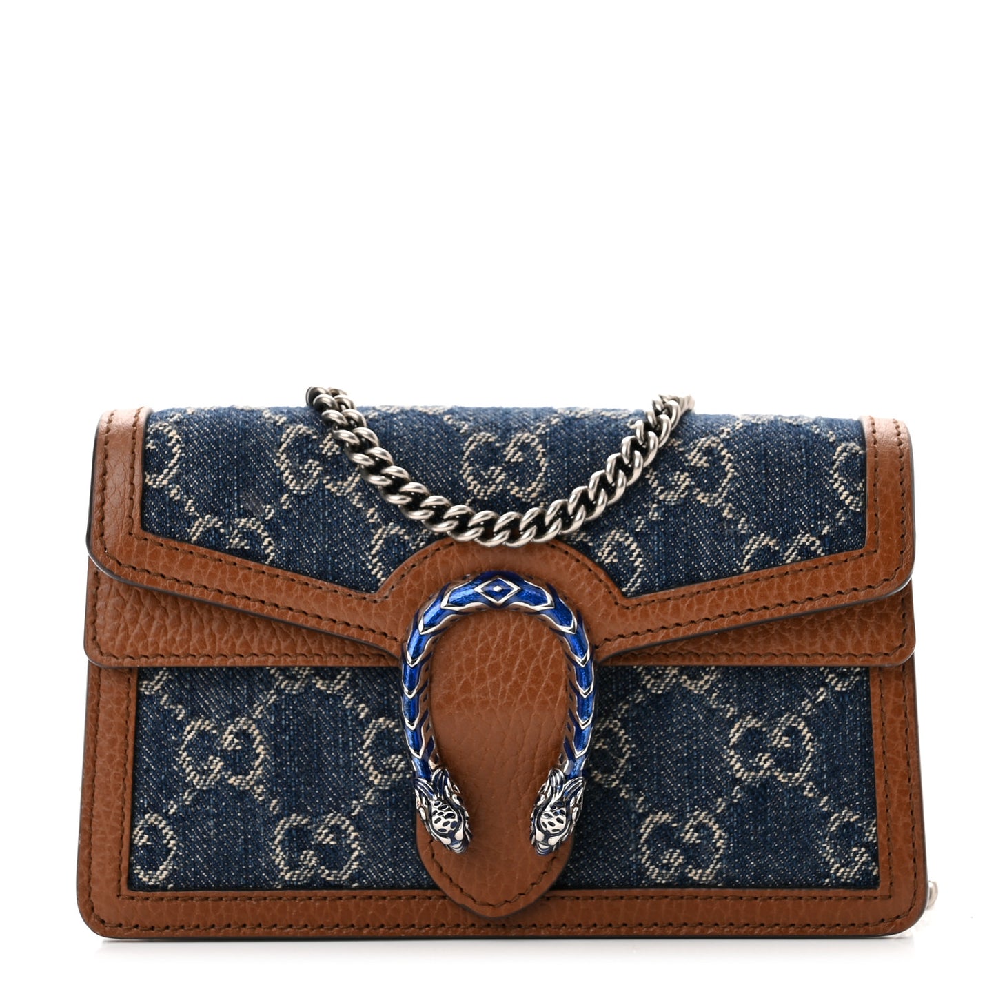 New Denim GG Monogram Dollar Calfskin Enamel Super Mini Dionysus Shoulder Bag Blue Tea Cuir Epilog Electric Blue