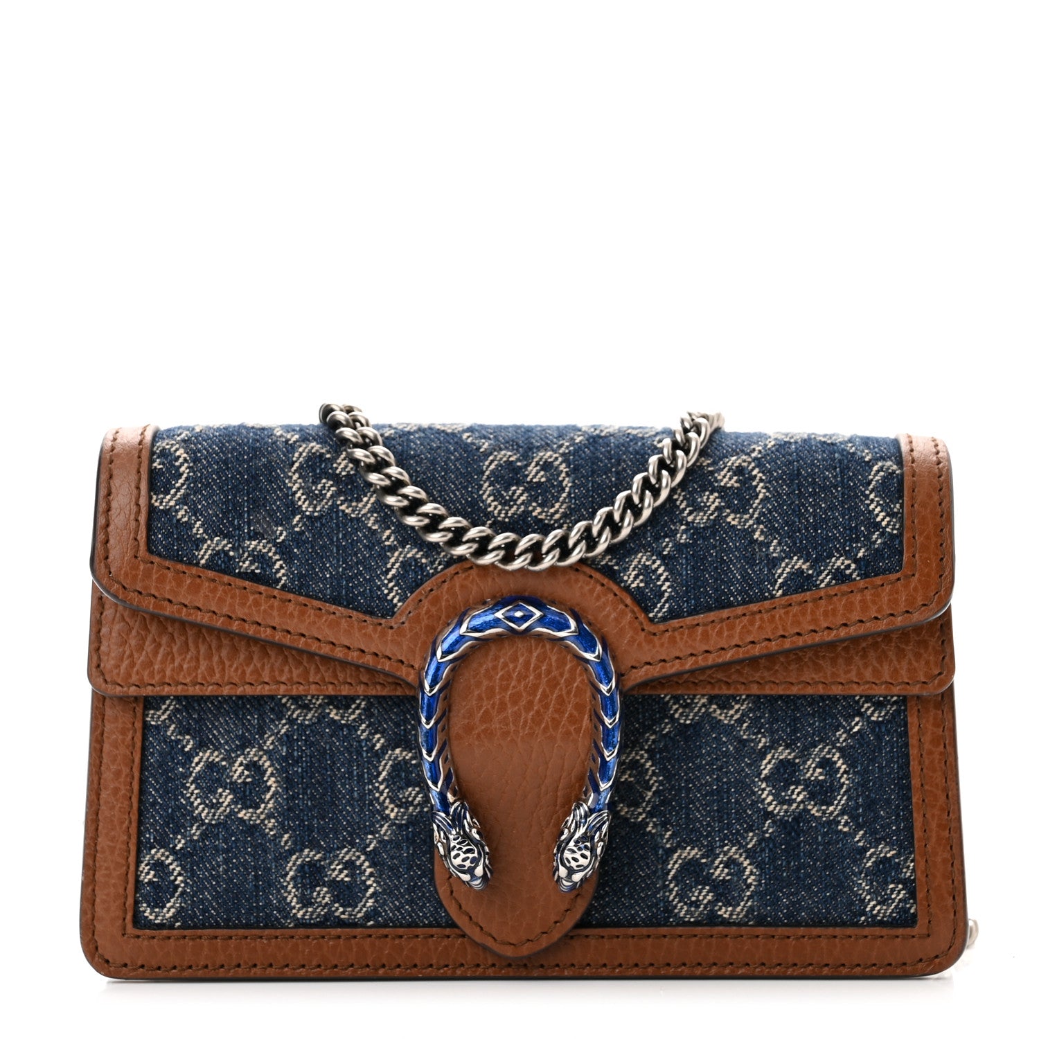 Gucci New Denim GG Monogram Dollar Calfskin Enamel Super Mini Dionysus Shoulder Bag Blue Tea Cuir Epilog Electric Blue 1 of 8