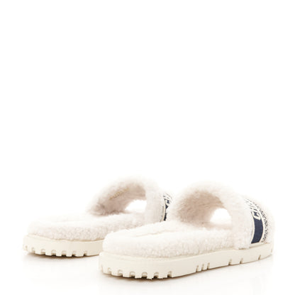 Christian Dior Shearling Canvas Embroidered Dway 10mm Slide Sandals 39.5 Natural Deep Blue 5 of 9