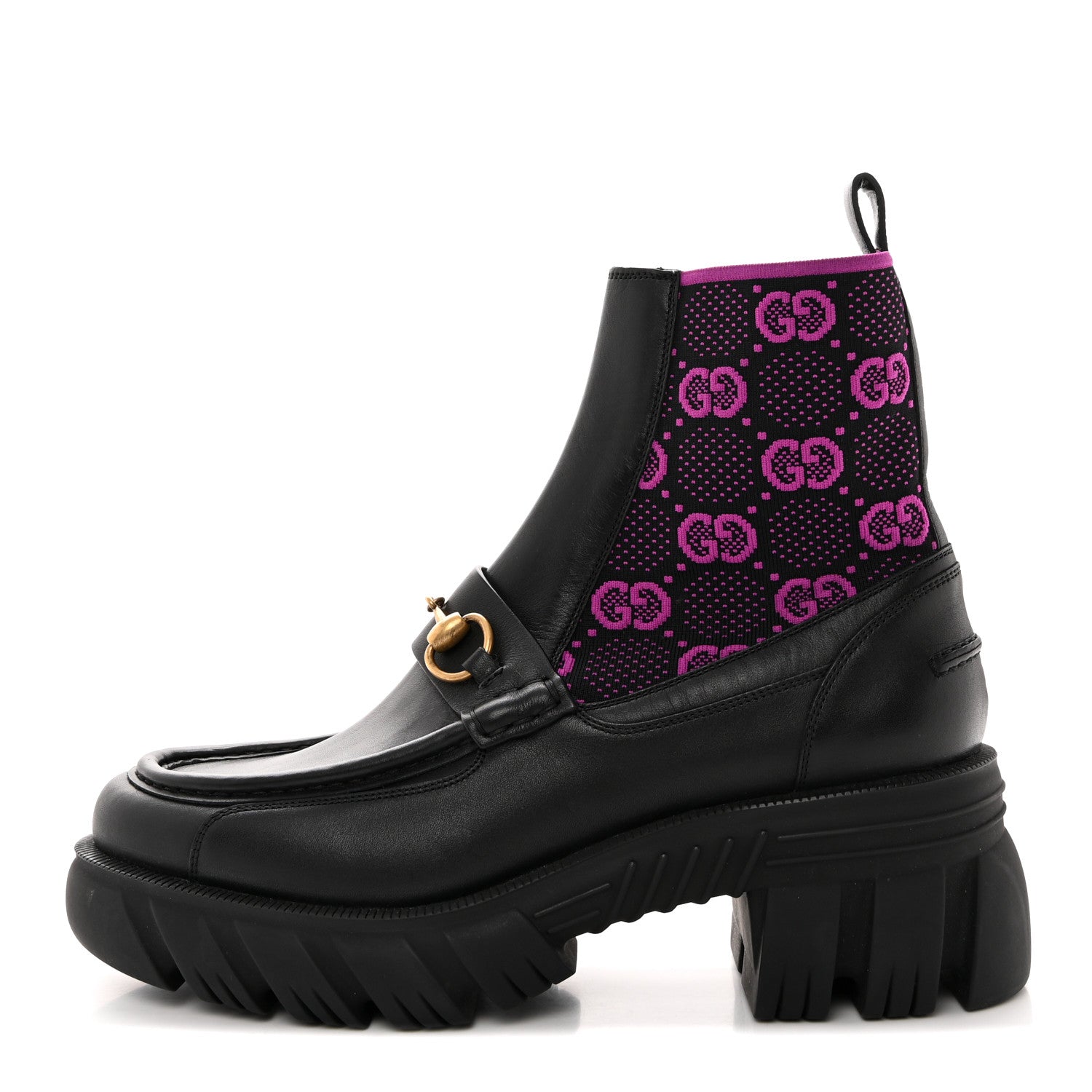 Gucci Quebec Calfskin Technical Jersey Knit GG Monogram Horsebit Ankle Boots 41 Black Fucsia 1 of 13