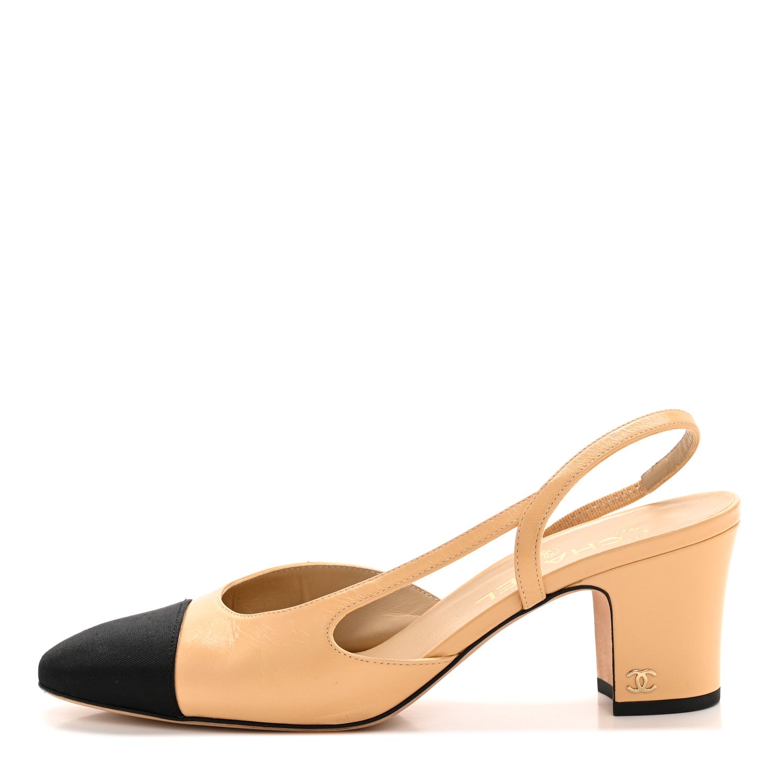Chanel Goatskin Grosgrain Cap Toe CC Slingback Pumps 38.5 Beige Black 1 of 10