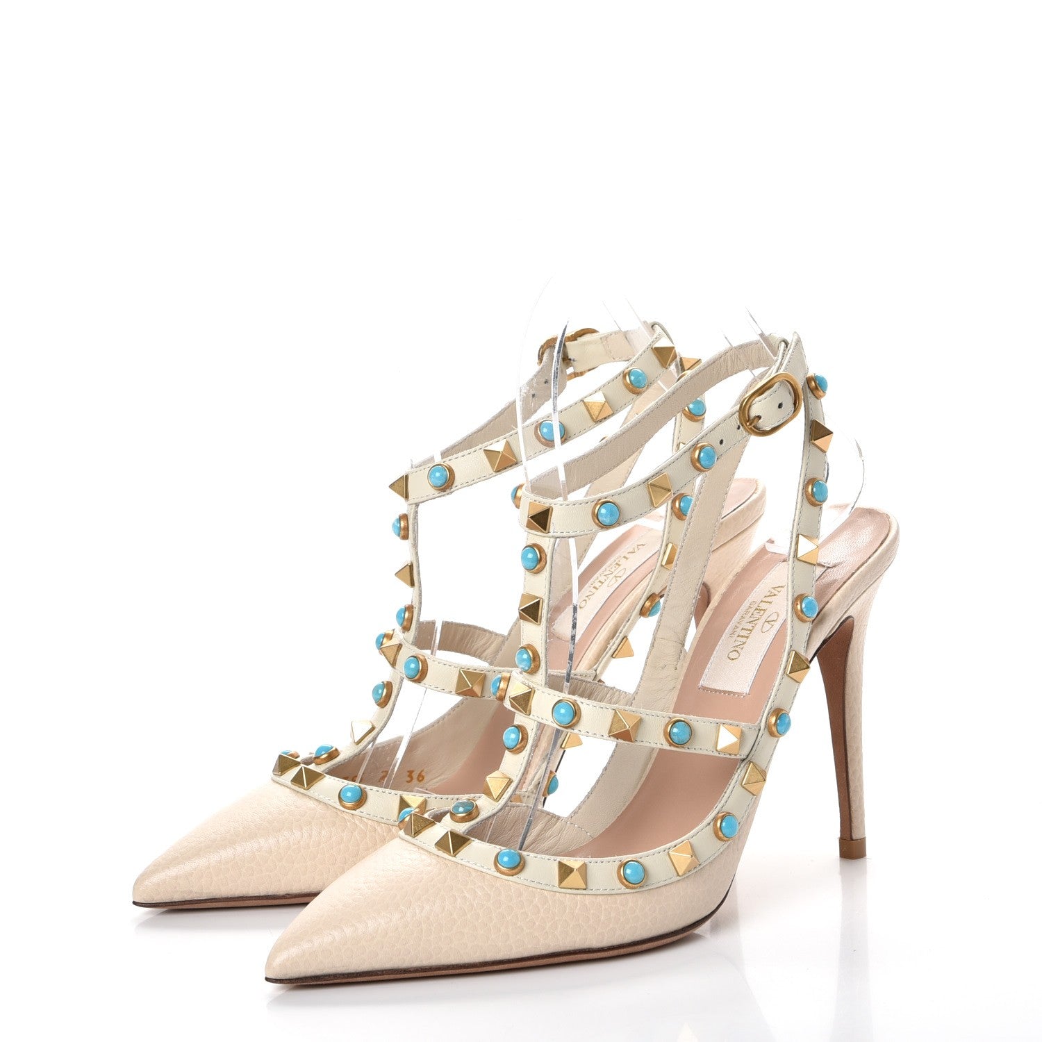 Valentino Garavani Pebbled Calfskin Turquoise Rockstud Rolling Ankle Strap 100mm Pumps 36 Ivory 3 of 11