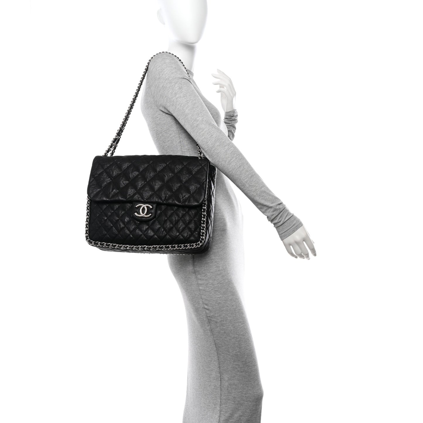 Washed Lambskin Quilted Maxi Chain Around Flap Black