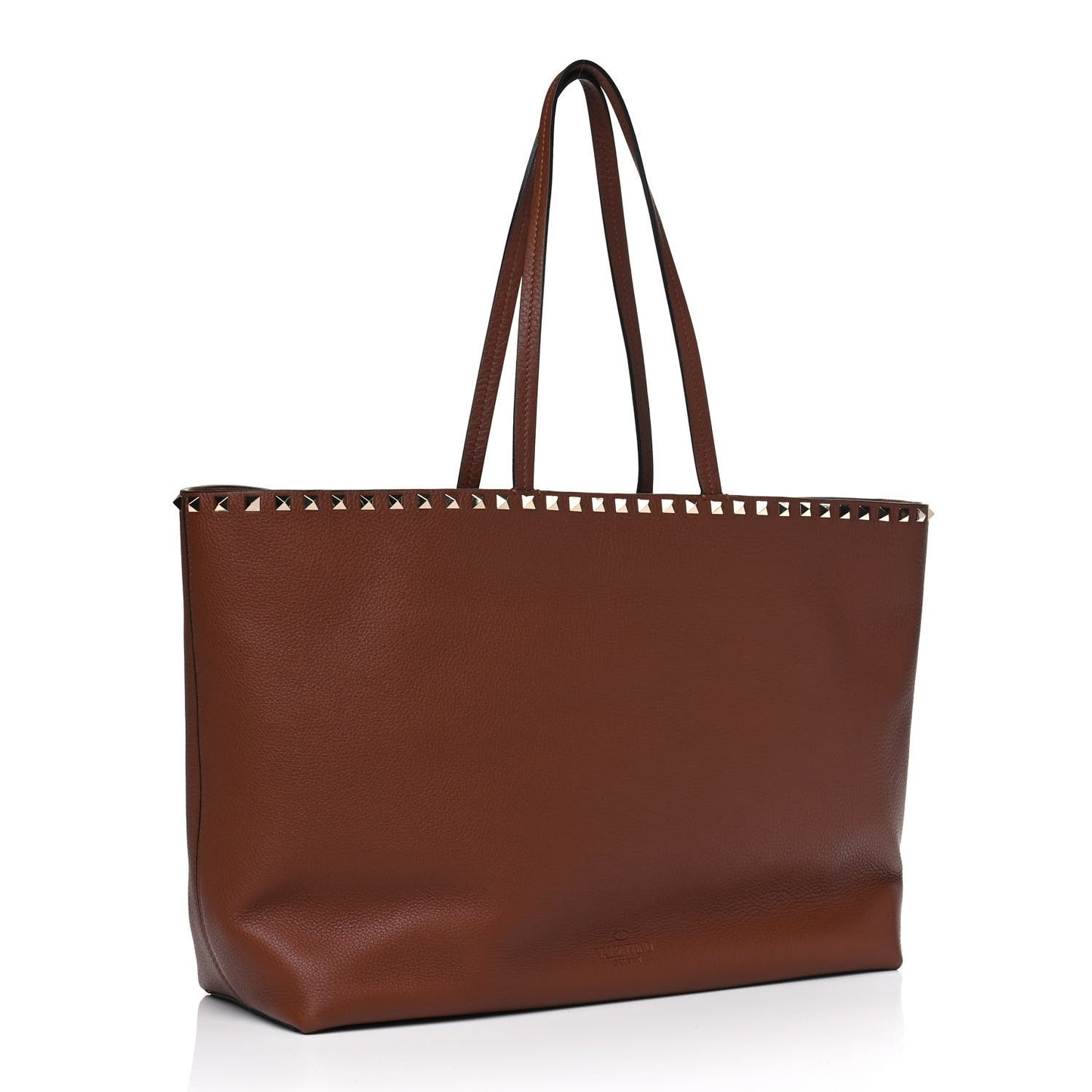 Grained Calfskin Rockstud Shoulder Tote Bright Cognac